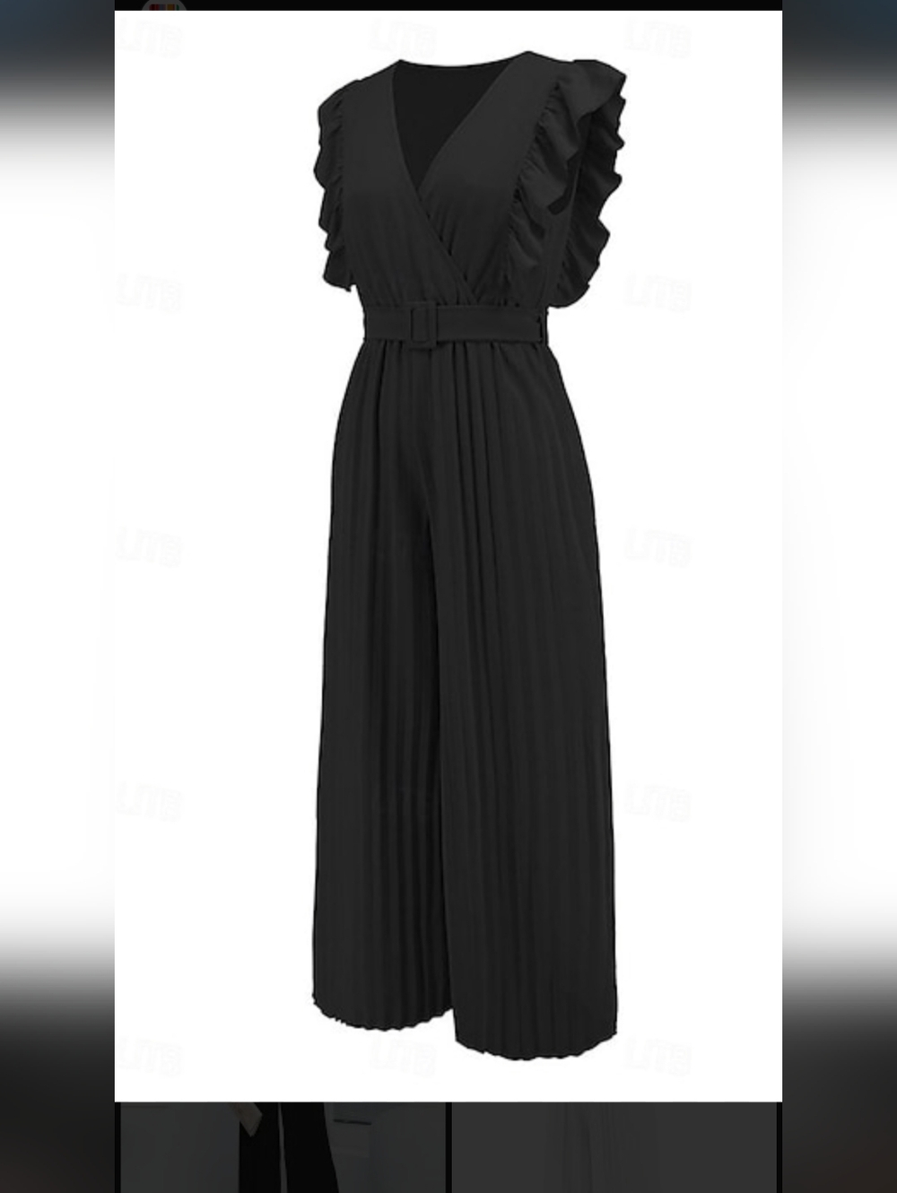 Black Pleated Maxi Jumpsuit with Ruffle Sleeves and Waist Tie